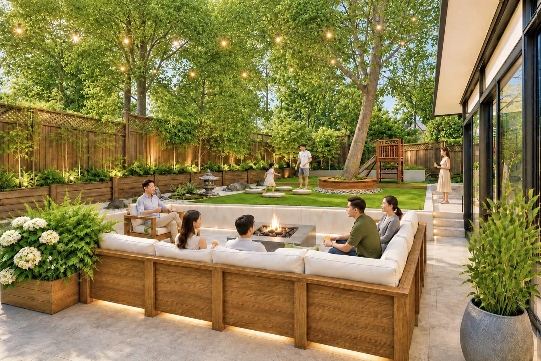 Backyard design with a sunken lounge and mature tree