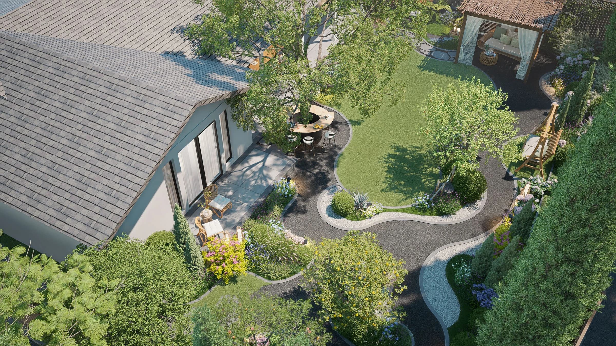 Developed design visualization / The concept takes shape around the house and existing trees.