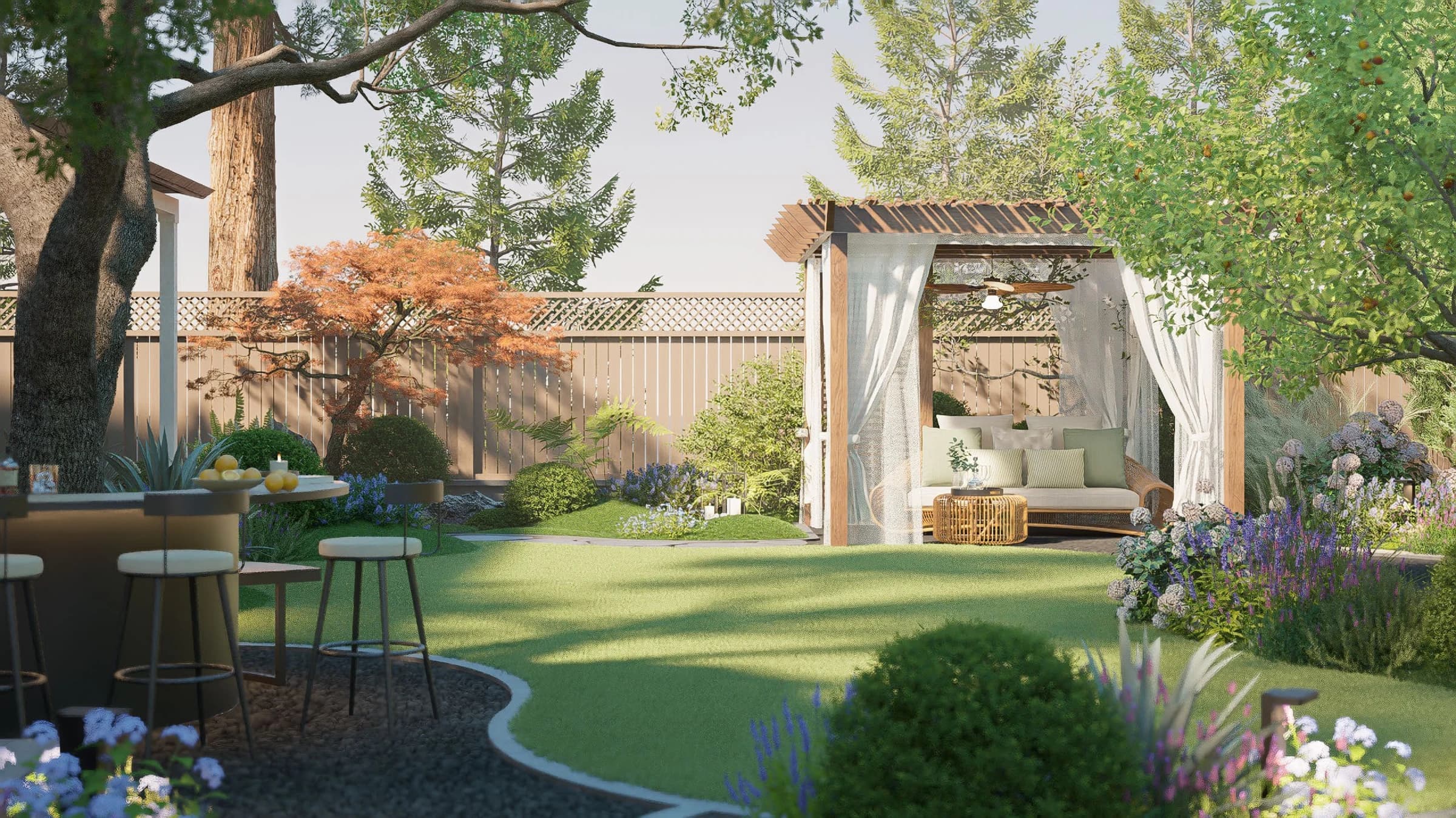 Design visualization of a Menlo Park backyard: an open lawn, a winding path, a shaded pavilion and layered planting under existing trees