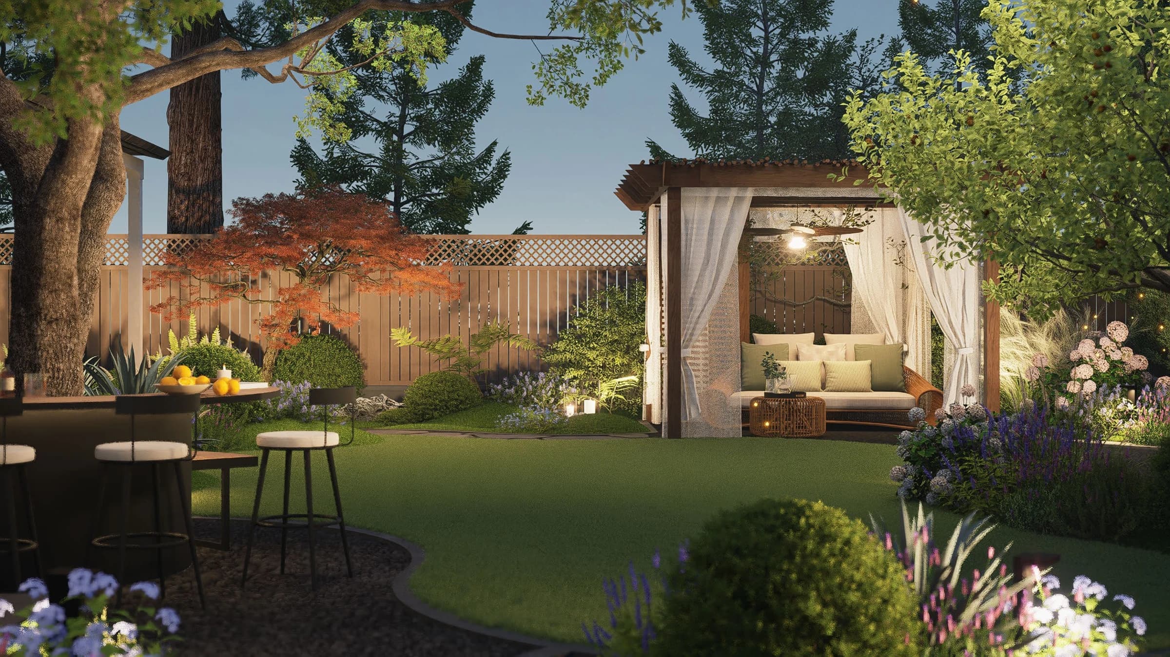 Evening design visualization / The lawn, tree table and pavilion seen in a different light.