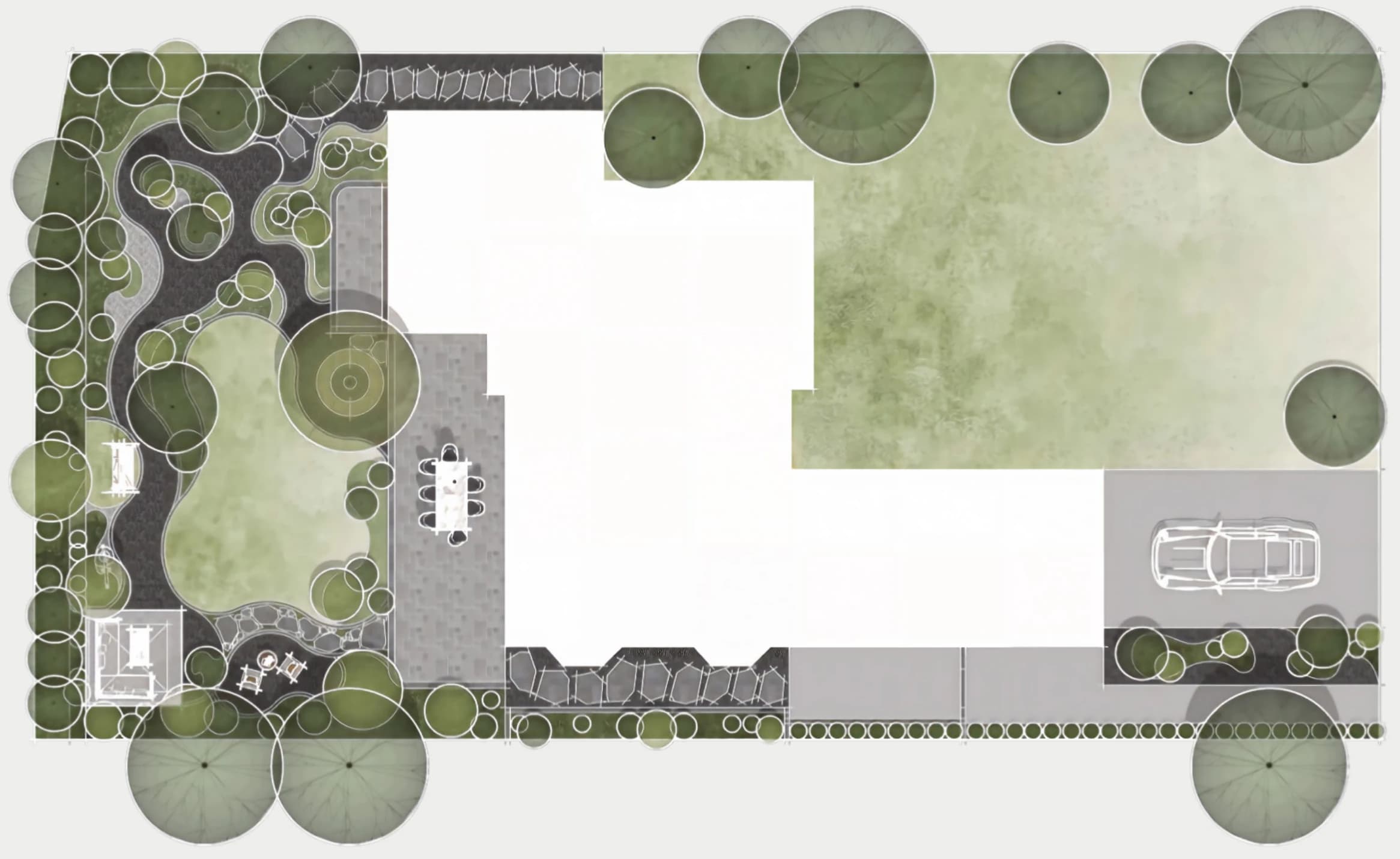 Concept master plan / The lawn, planted pockets and garden route establish the spatial arrangement.