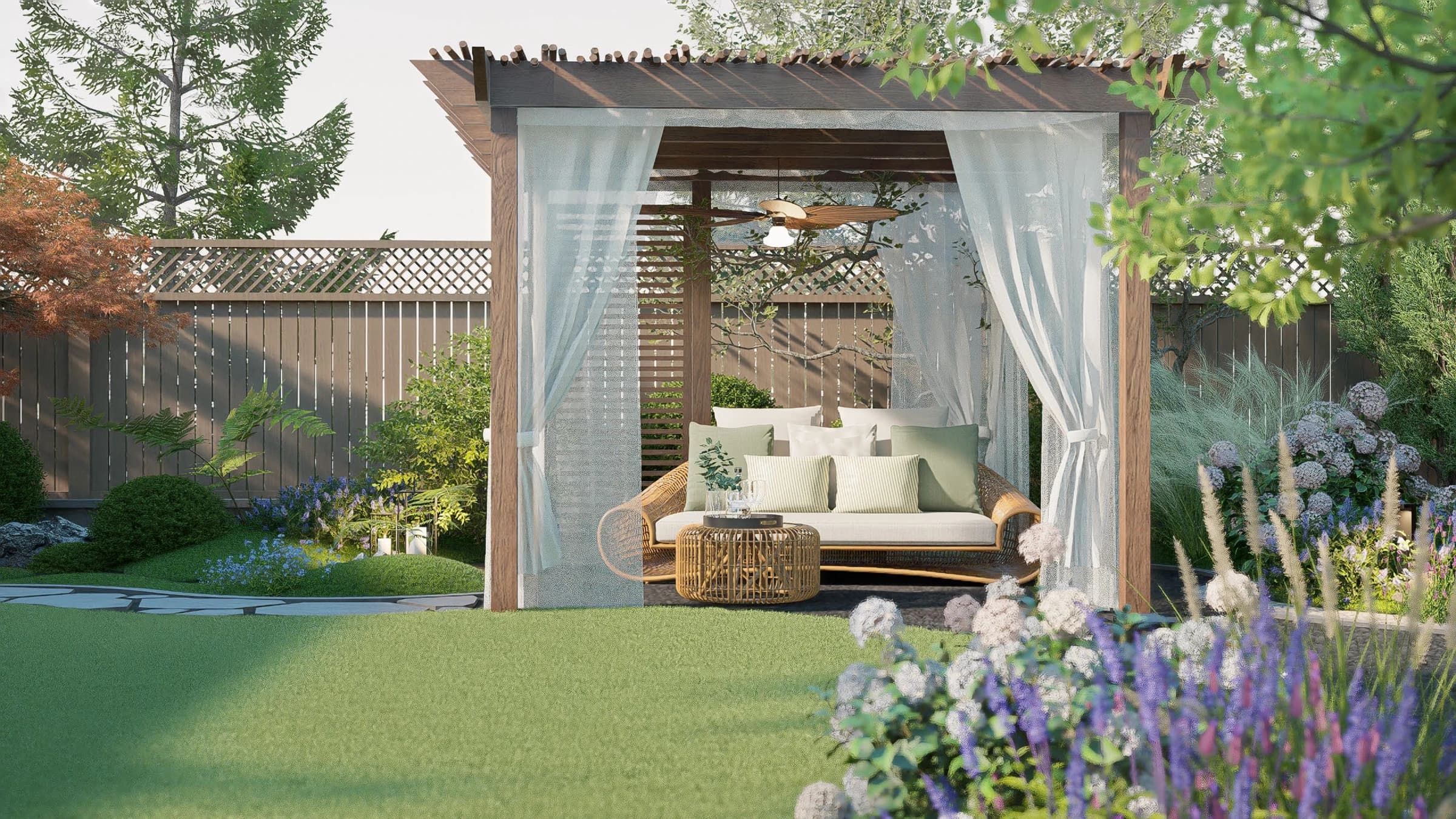 Design visualization / A shaded lounge at the edge of the lawn.