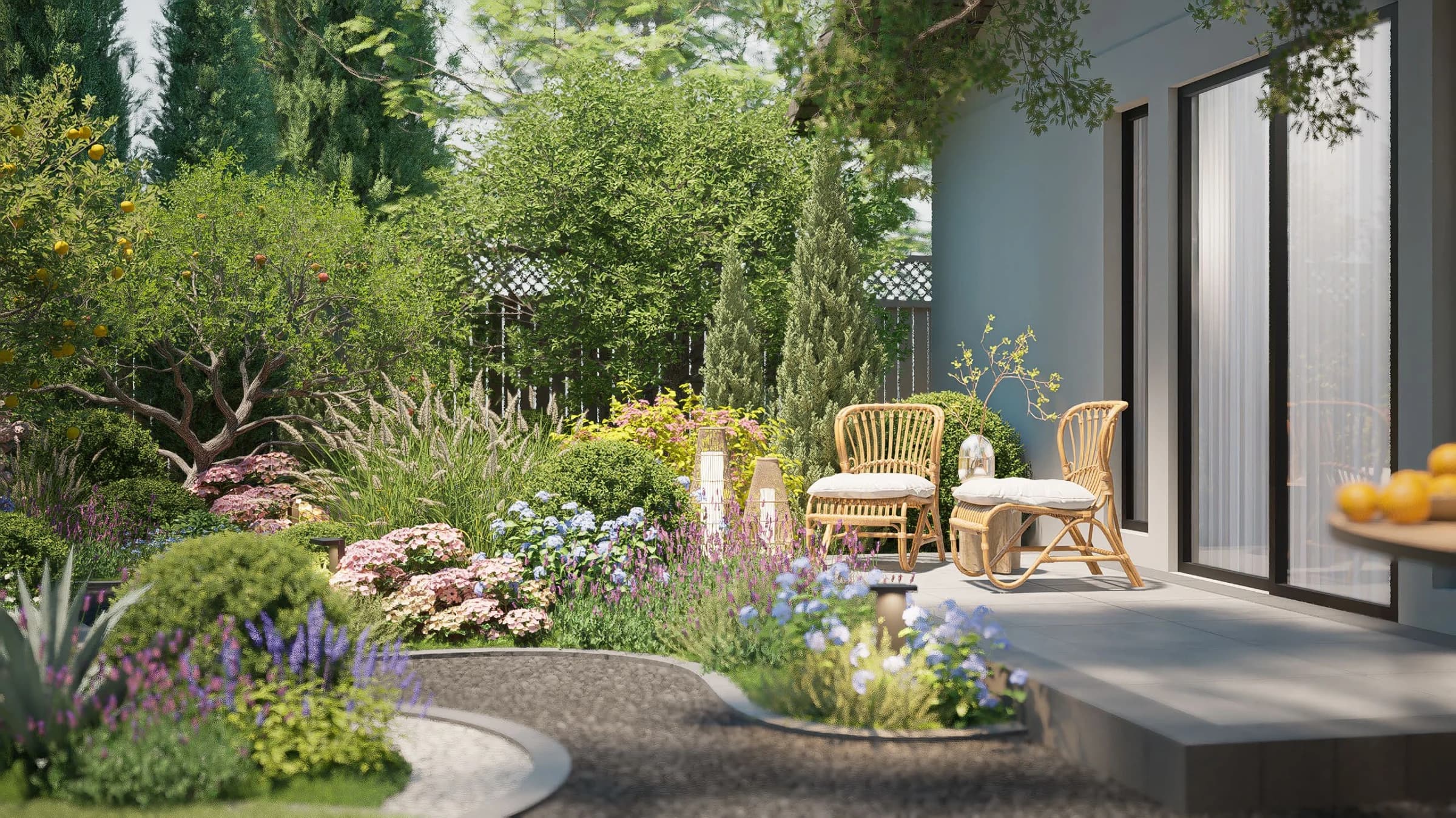 Design visualization / A quiet terrace set within layered planting.