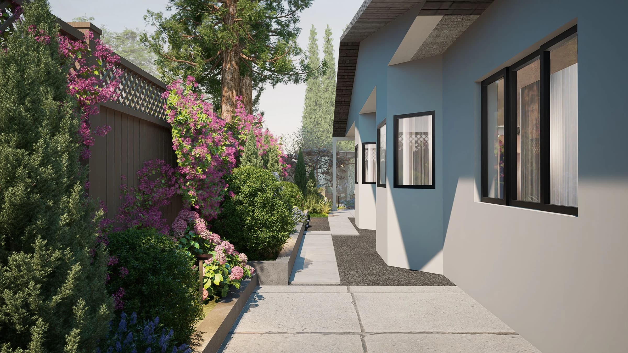 Design visualization / Planting and stepping surfaces bring a garden character to the side passage.