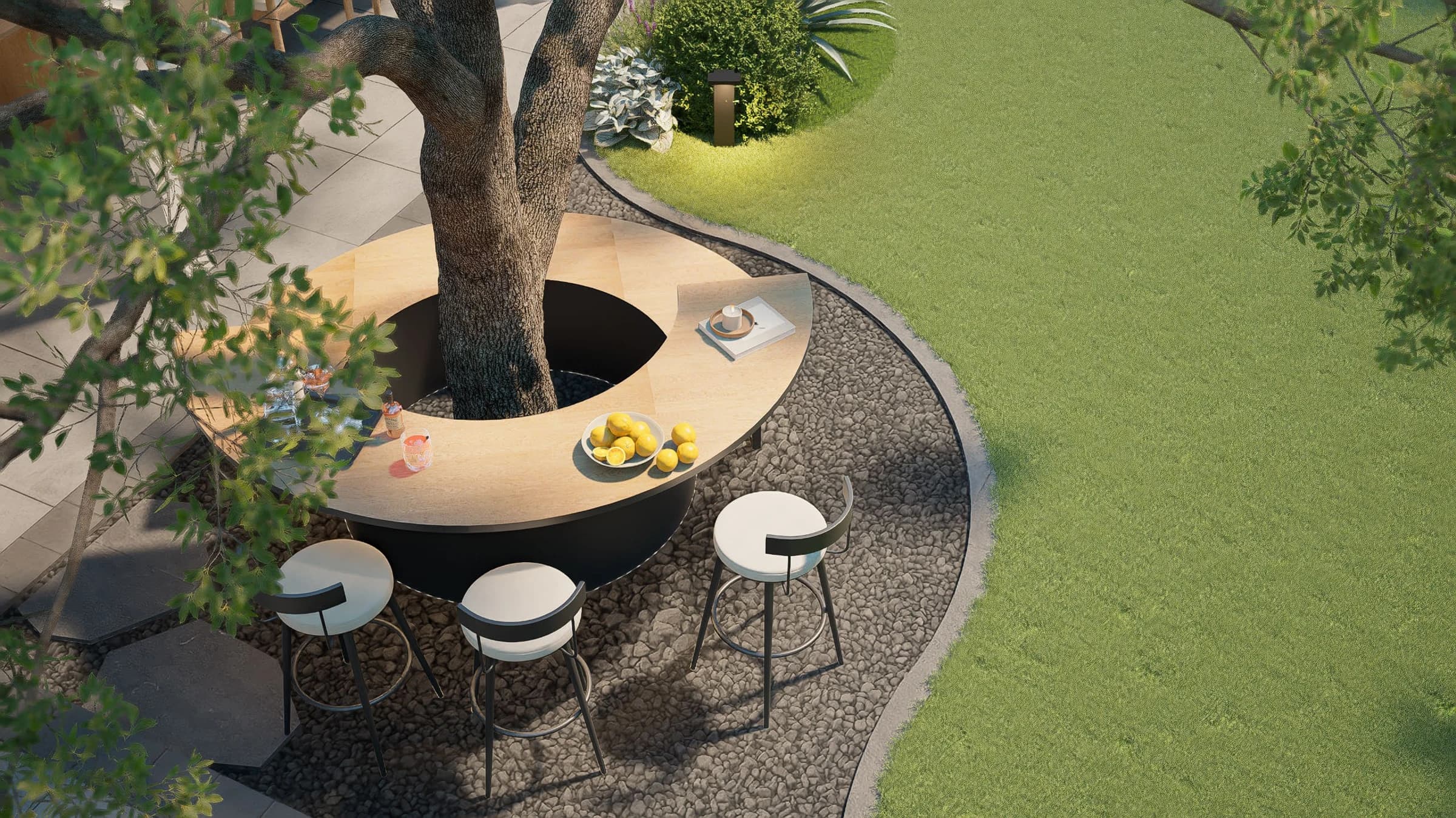 Design visualization / A gathering table designed around an existing tree.