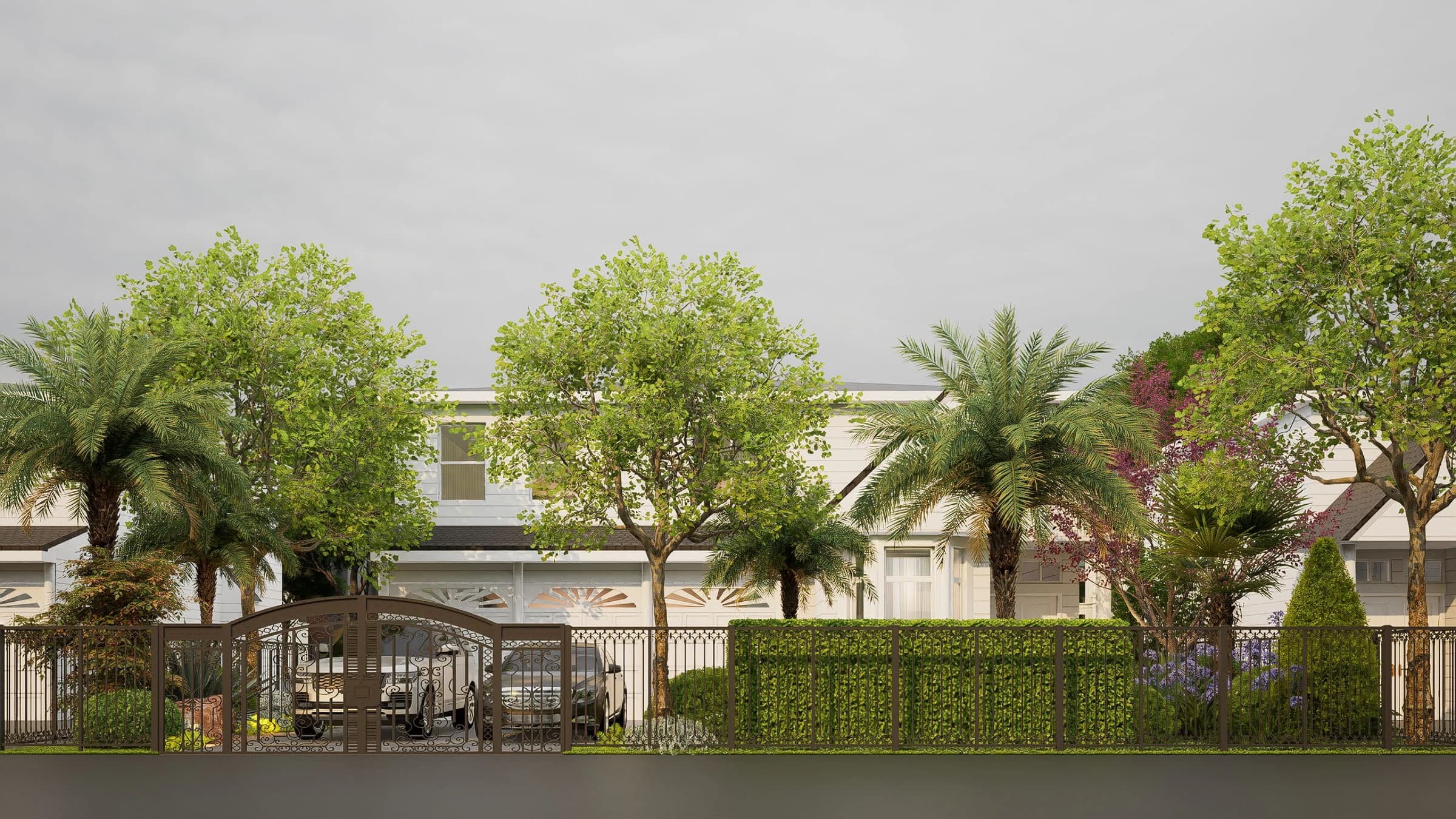 Design visualization of a Saratoga front garden from the street: iron fencing, clipped hedges and layered planting framing the house