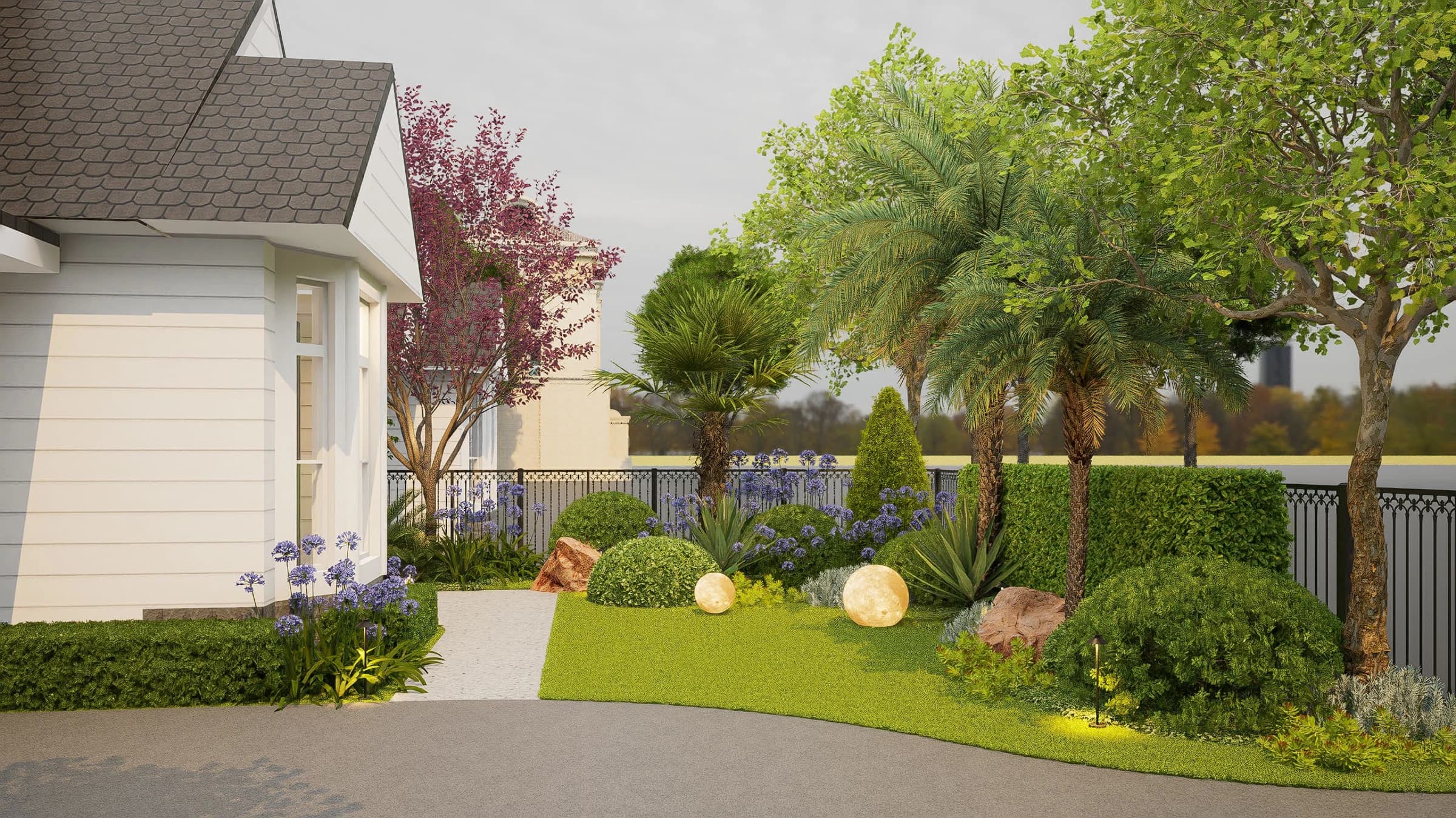 Design visualization of a planted front path beside a house in Saratoga: layered low-water planting, clipped hedges and a stone walk to the door