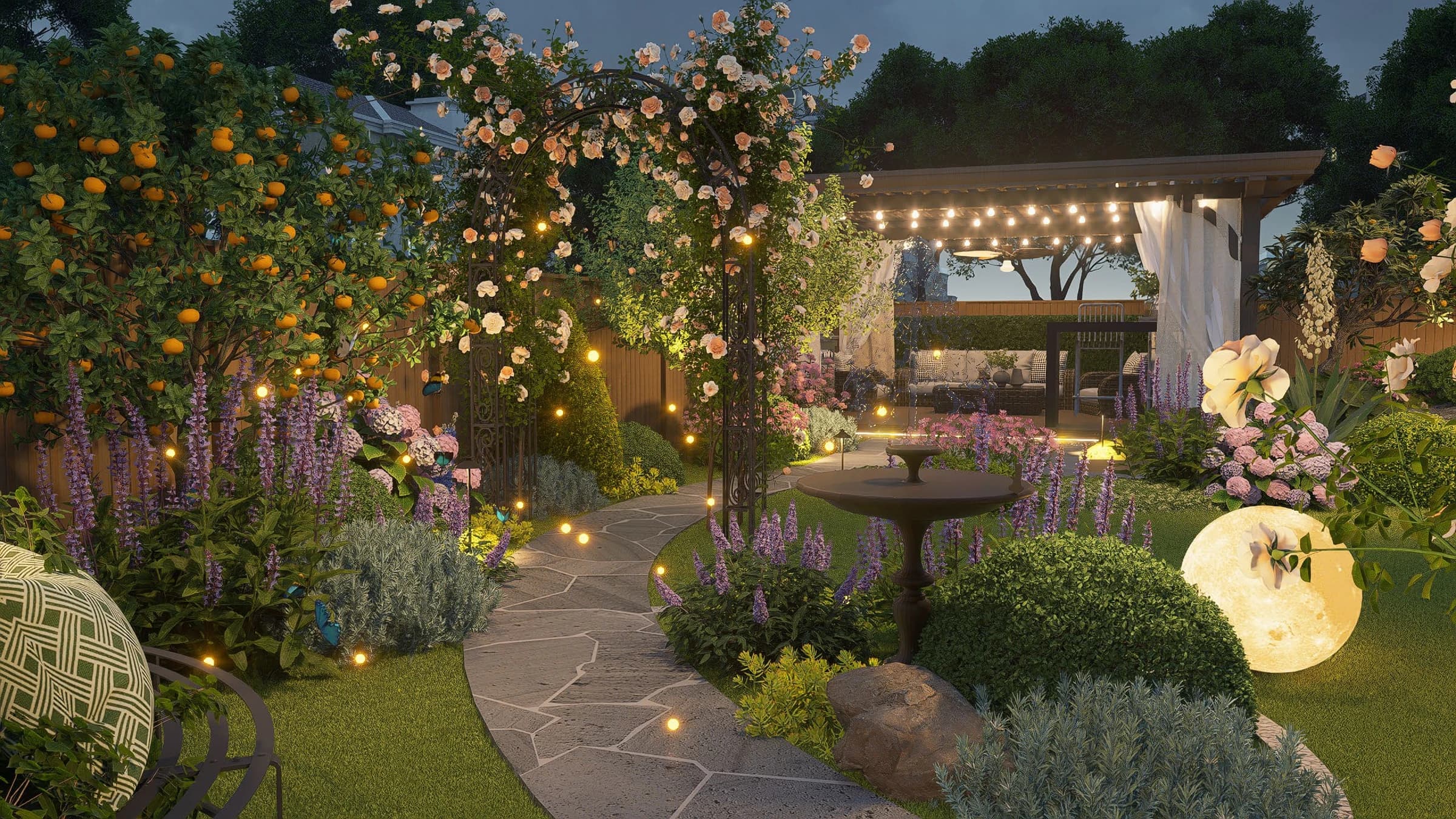 Evening design visualization / The rose walk and pavilion after sunset.