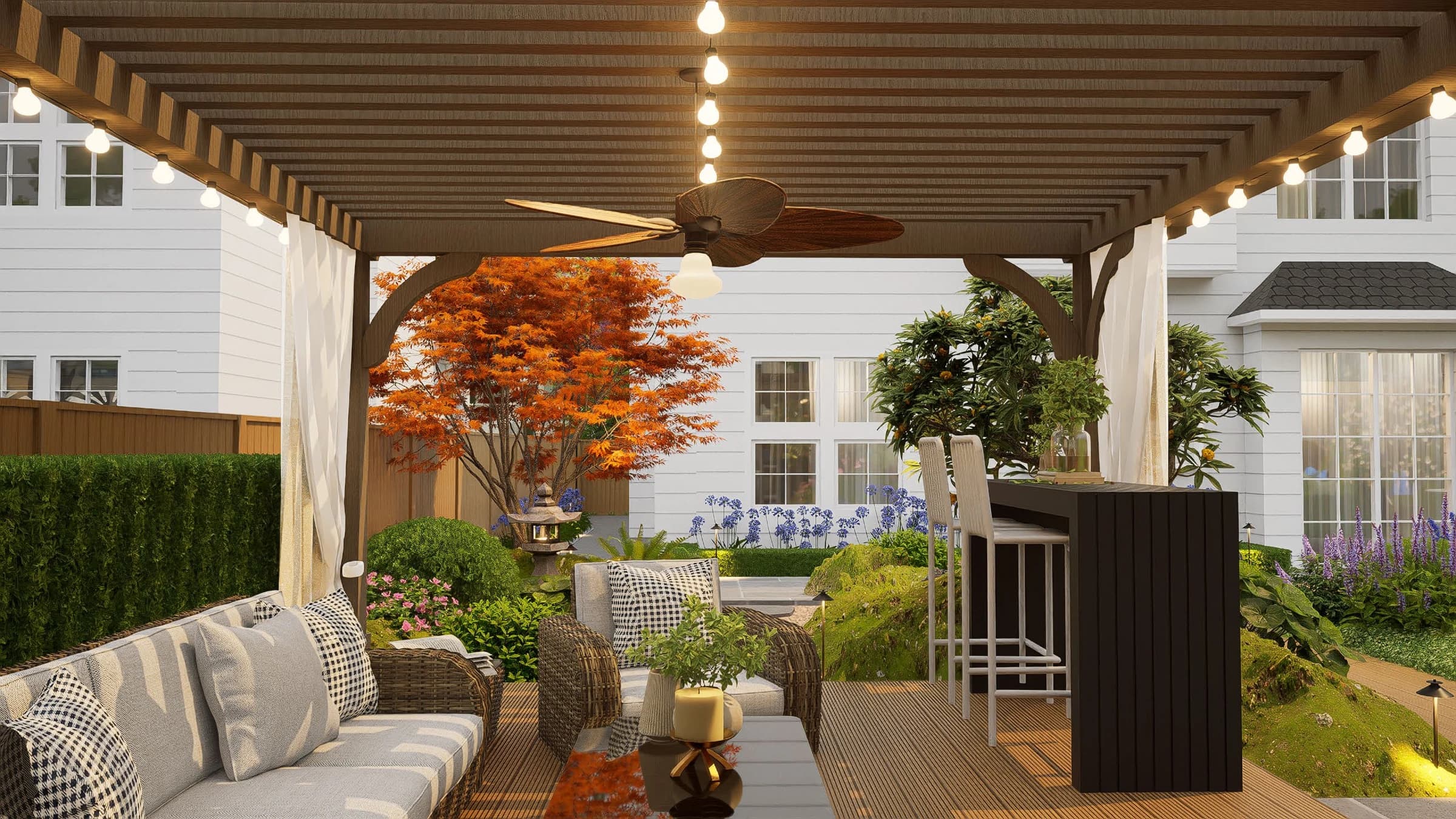 Design visualization / An outdoor living room beneath the timber pavilion.