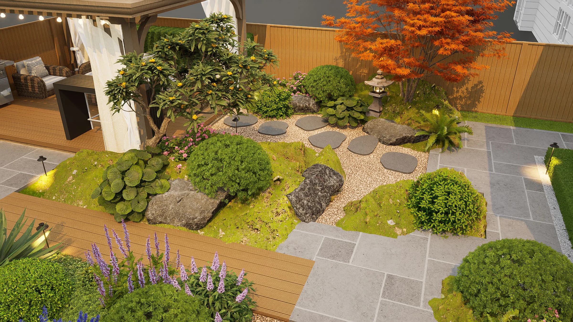 Design visualization / A quieter composition of stepping stones, gravel and planting.