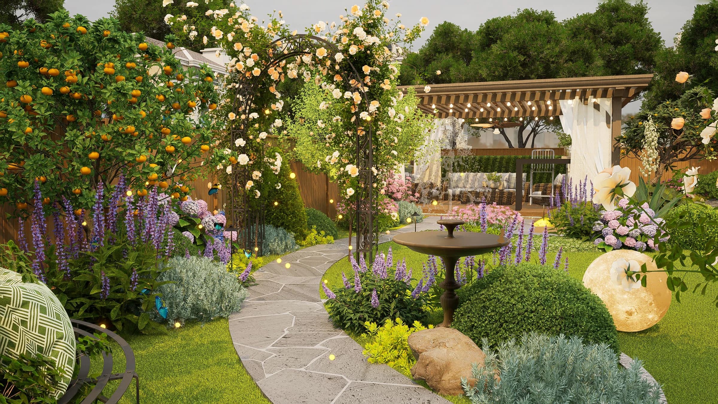 Design visualization / A flowering walk links the open lawn with the pavilion.